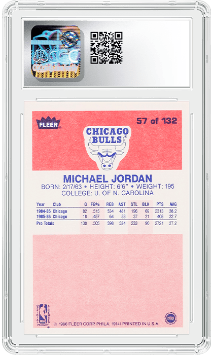 Back side of 1986-87 Fleer #57 Micheal Jordan card in holder